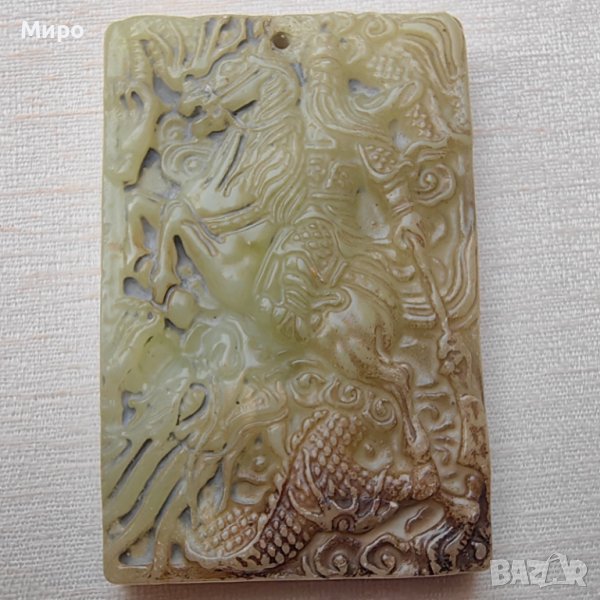 ЕСТЕСТВЕН НЕФРИТ АЗИАТСКИ ВОИН ДРАКОН АМУЛЕТ ТАЛИСМАН , снимка 1