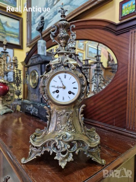 Красив голям антикварен френски бронзов каминен часовник , снимка 1