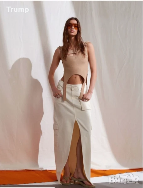 Красива дънкова дълга пола с карго джоб, цвят мръсно бял, снимка 1