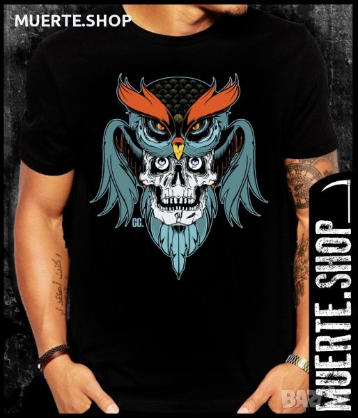 Черна тениска с щампа BLUE OWL SKULL, снимка 1