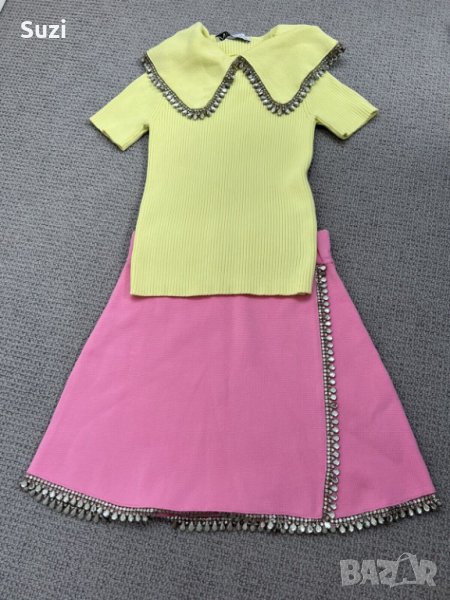 ZARA комплект блузка на къс ръкав и розова пола, снимка 1