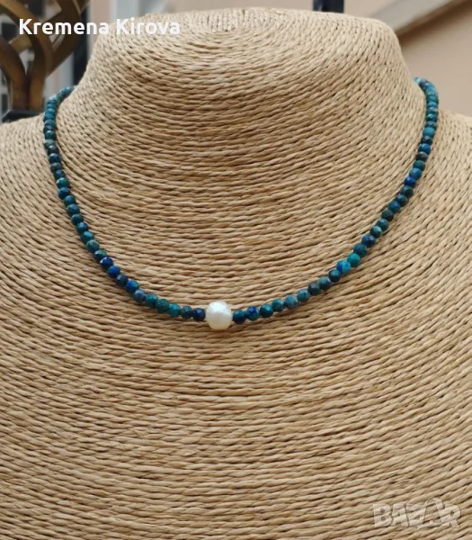 Дамско късо колие с апатит и сладководна перла. Ръчна изработка. Бижута Луди гъби., снимка 1