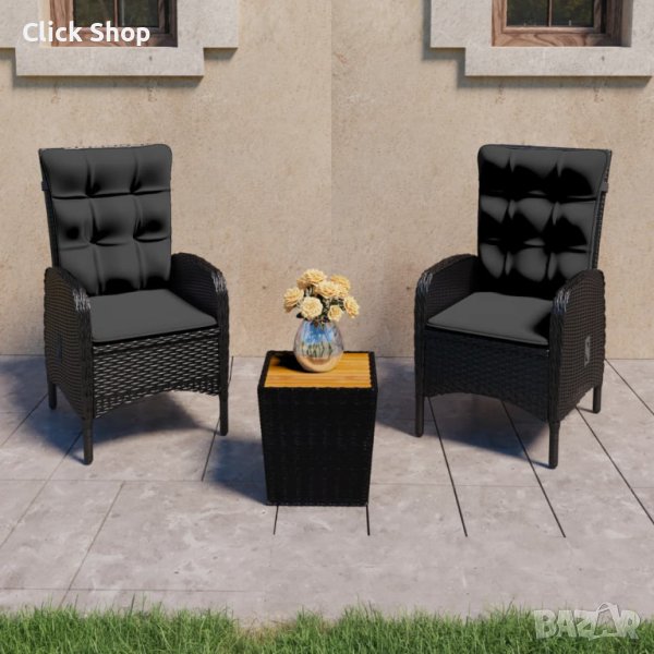 Градински бистро комплект, 3 части, полиратан и акация, черен, снимка 1