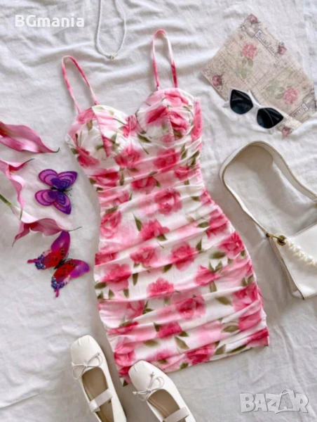 Рокля с цветя рози и презрамки мрежеста нежна и романтична размер М, снимка 1