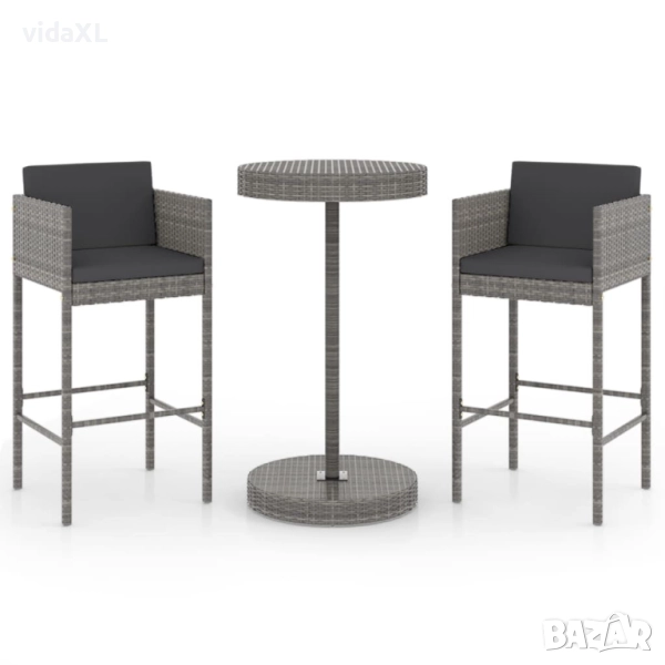 vidaXL Градински бар комплект с възглавници, 3 части, сив полиратан(SKU:3094773), снимка 1