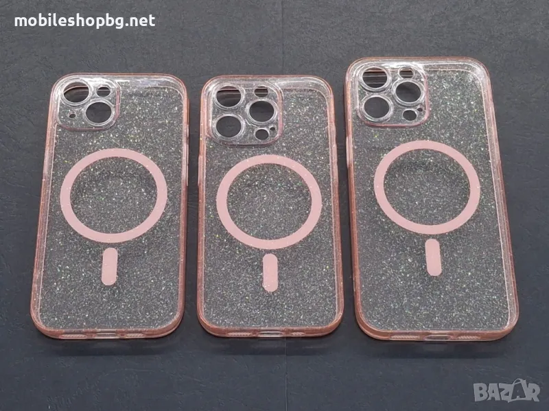 Phone 15,15 Pro,15 Pro Max кейс с брокат MagSafe розов, снимка 1