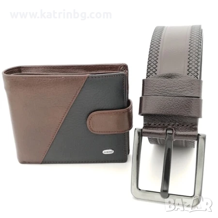 Комплект мъжки колан и портфейл от естествена кожа в черно и кафяво, снимка 1