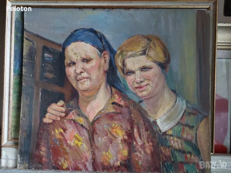 Стара маслена картина " баба и внучка ", снимка 1