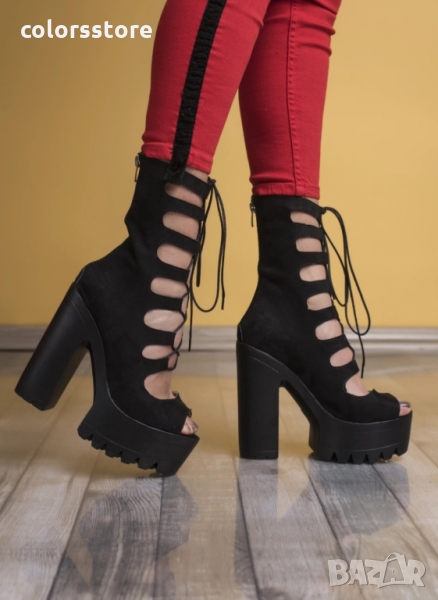 Летни боти на ток черен велур  код LT101, снимка 1