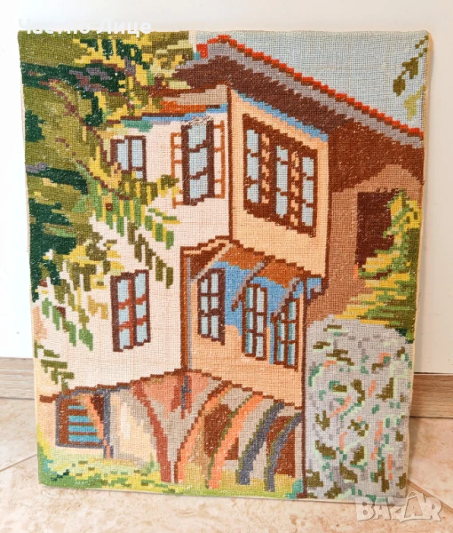 Старинен Гоблен с Подрамка Възрожденска Къща 29/24 см, снимка 1