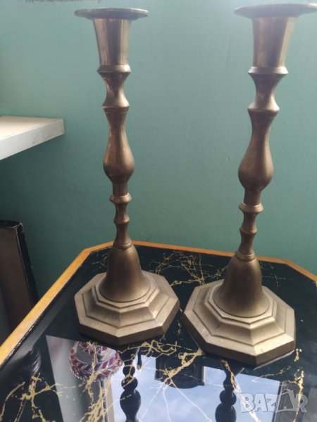 два стари месингови свещника-комплект, снимка 1