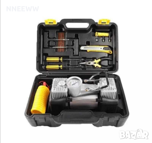 Двуцилиндров Компресор 12V, за гуми в Куфар с инструменти , снимка 3 - Аксесоари и консумативи - 44523762