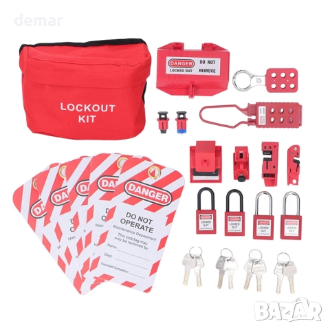 Комплект за етикетиране на електрически заключвания с чанта за съхранение, червен