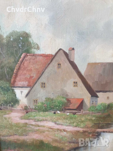 Krotter 77х67см/стара австрийска картина масло върху платно/пейзаж/къщи-река/дървена рамка, снимка 7 - Картини - 51217429