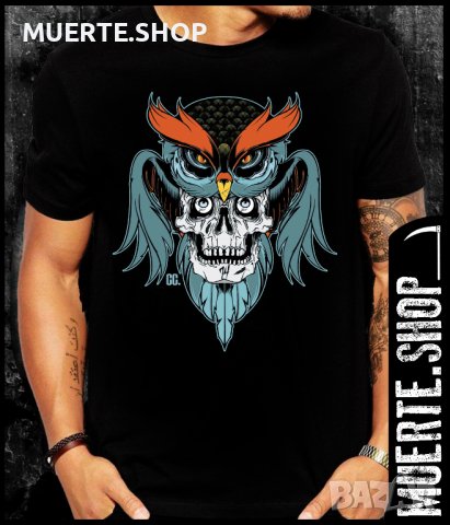 Черна тениска с щампа BLUE OWL SKULL, снимка 1 - Тениски - 42642708
