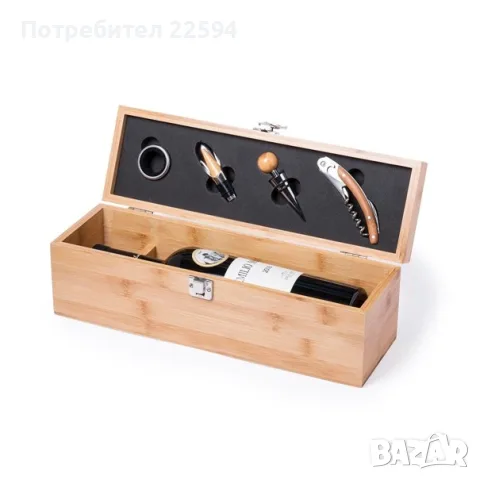 Подаръчен комплект за вино бамбукова и дървена кутия с тирбушон , тапа и аксесоари – Дървена кутия, снимка 3 - Подаръци за мъже - 55770695