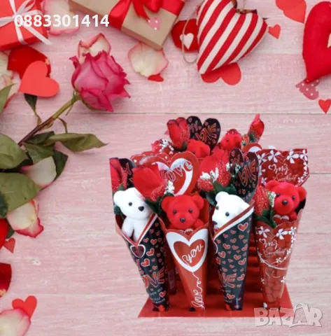 Букет за Свети Валентин Плюшено мече и роза , снимка 2 - Плюшени играчки - 49053552