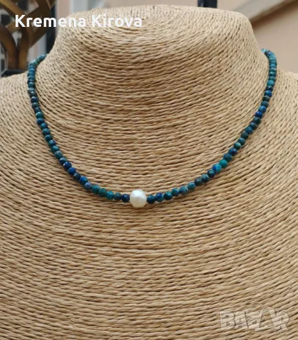 Дамско късо колие с апатит и сладководна перла. Ръчна изработка. Бижута Луди гъби., снимка 1