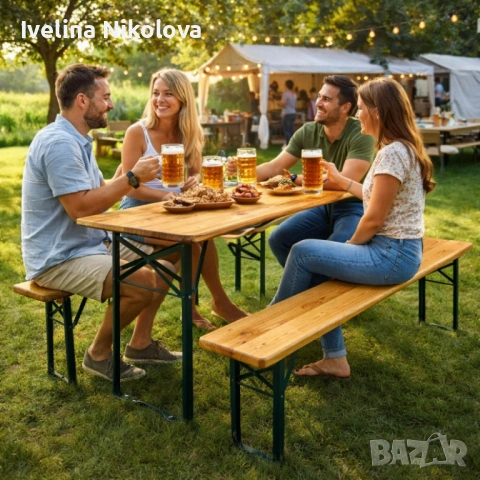 Сгъваем комплект градинска маса с 2 пейки - От чамово дърво, с отвор за чадър, снимка 8 - Градински мебели, декорация  - 53646988