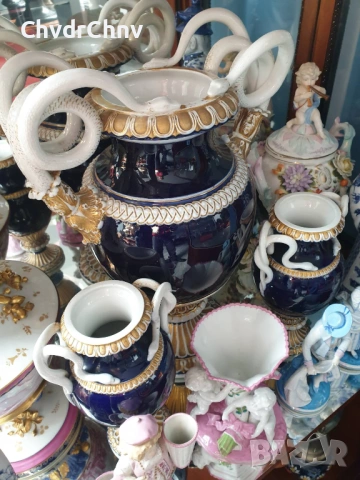 чифт2бр Meissen фигурални вази 28см/Майсен порцеланова пиедестална ваза с дръжки-змии/кобалт, снимка 9 - Вази - 52463212