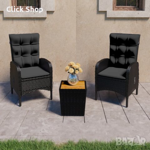 Градински бистро комплект, 3 части, полиратан и акация, черен, снимка 1