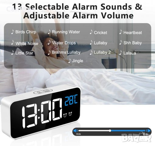 LED будилник, температура, акумулатор, Snooze, регулируема сила на звука и яркост, 13 мелодии, снимка 4 - Друга електроника - 33881668