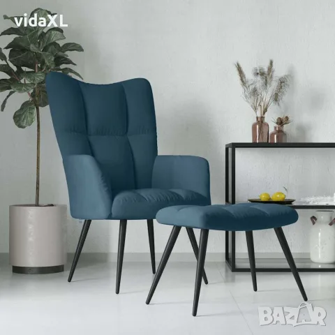 vidaXL Релаксиращ стол с табуретка, син, кадифе, снимка 2 - Столове - 56146913