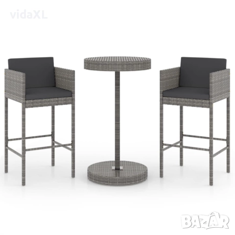 vidaXL Градински бар комплект с възглавници, 3 части, сив полиратан(SKU:3094773), снимка 1