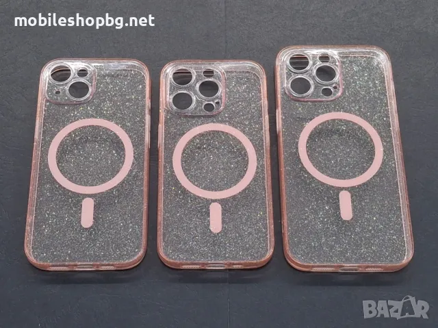 Phone 15,15 Pro,15 Pro Max кейс с брокат MagSafe розов