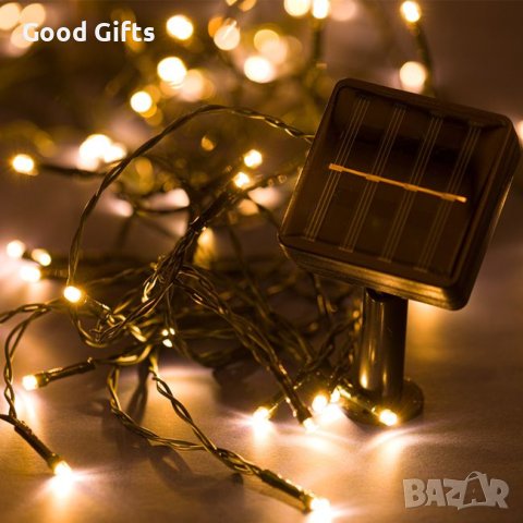 Соларни коледни лампички, Топло бяло, 60 LED, С програми