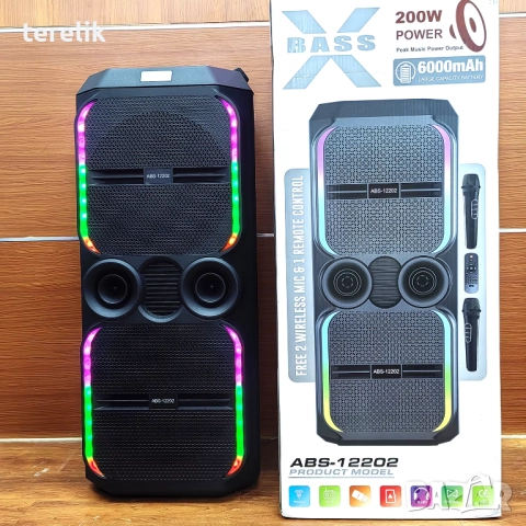 -50лв🔊 Xbass 200W 6000mah Професионална караоке тонколона ABS-12202 – 12”×2, Bluetooth, 2 микрофонa, снимка 14 - Тонколони - 51831064