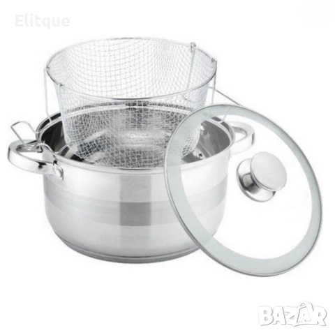 Тенджера с кошница за пържене и стъклен капак Cheffinger Ø24 см – инокс, 6,5 л, за всички котлони, снимка 4 - Съдове за готвене - 53178846