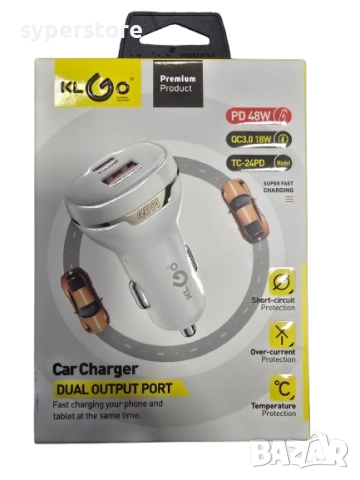 Зарядно 12-24V / 48W  Type C + USB Digital One SP01135 Klgo tc-24pd, Fast Charge, PD48W+QC3.0, Quick