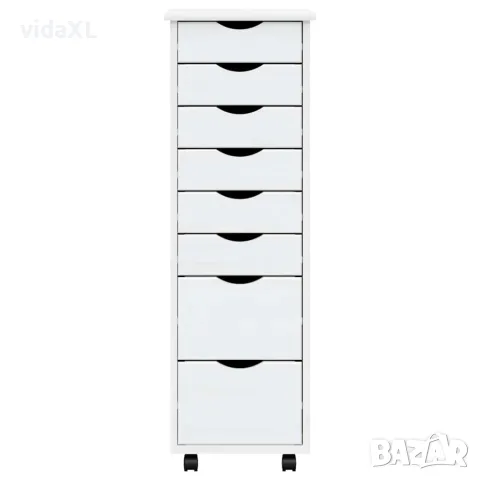 vidaXL Шкаф с чекмеджета на колелца MOSS, бял, бор масив, снимка 5 - Шкафове - 56147342