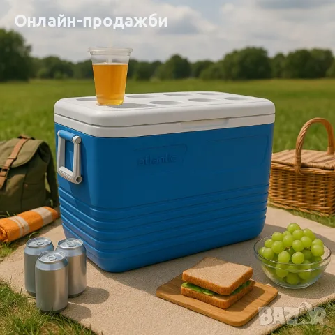 Хладилна кутия Atlantic 60L, пасивна, синя, с поставки за чаши, снимка 1