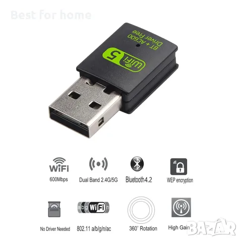 REDLUX USB WiFi Bluetooth адаптер, 600Mbps, снимка 2 - Друга електроника - 56132936