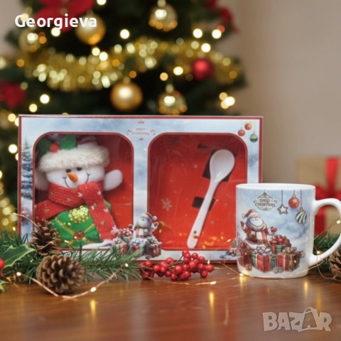 Празничен подаръчен комплект с чаша, лъжичка и снежен човек – готов за подаряване, снимка 2 - Декорация за дома - 52573666