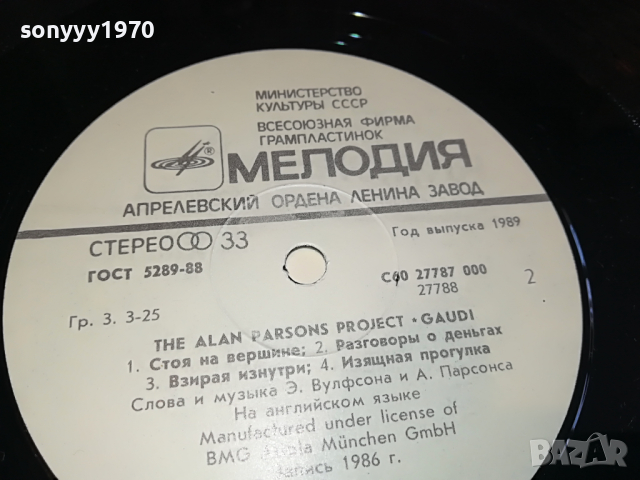 поръчана-THE ALAN PARSONS PROJECT-GAUDI 2503221146, снимка 14 - Грамофонни плочи - 36227381