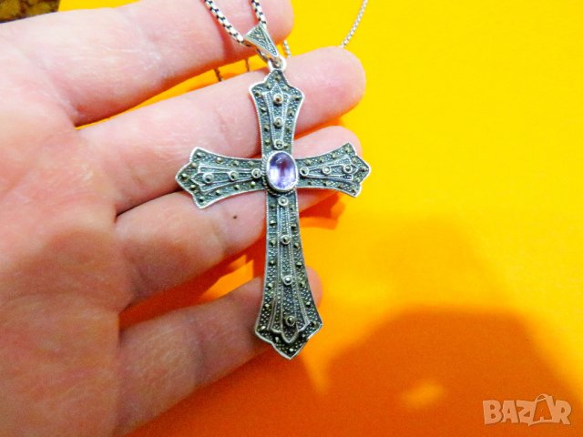 голям стар кован сребърен  кръст с аметист, маркенази и сребърен синджир православен кръст сребро, снимка 3 - Колиета, медальони, синджири - 38915468