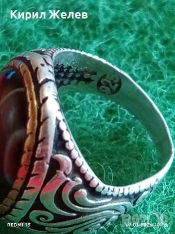 Винтидж сребърен пръстен орнаментиран ювелирно полиран ЧЕРЕН АХАТ уникален много красив 48799, снимка 7 - Пръстени - 53016224