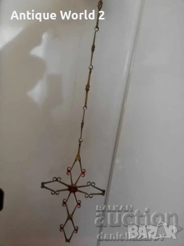 Стар Голям Бронзов Висящ Църковен КРЪСТ с Камъни, снимка 6 - Антикварни и старинни предмети - 53291076