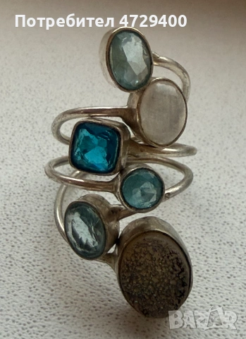Сребърен пръстен с топаз, лунен камък, друза от ахат, син аметист, снимка 2 - Пръстени - 53373352