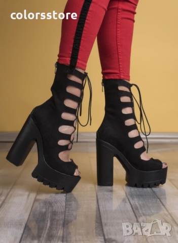 Летни боти на ток черен велур  код LT101