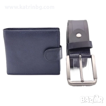 Мъжки комплект – тъмносин колан и портфейл от естествена кожа