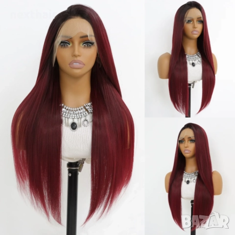 Бордо синтетична перука с тъмни корени и с дантела отпред 13x4, снимка 3 - Аксесоари за коса - 52229294