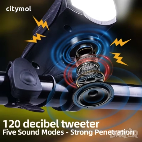 Соларен фар и клаксон за велосипед/скутер, 3 режима, акумулаторна батерия, снимка 7 - Аксесоари за велосипеди - 51830903