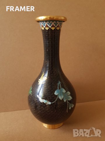 Красива 19ти век Китайска Клазоне бронзова клетъчен емайл ваза, снимка 5 - Вази - 42262468