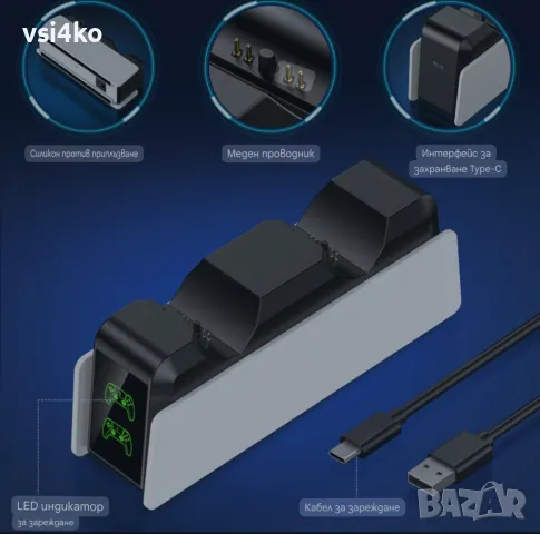Двойна зарядна станция за PlayStation 5 контролери, снимка 4 - Аксесоари - 48395481