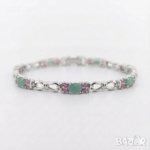 Ръчно изработена сребърна гривна с изумруди и рубини, снимка 7 - Гривни - 52569418