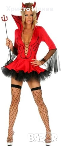 Дамски Секси костюм за парти червен дявол с аксесоари Хелоуин 